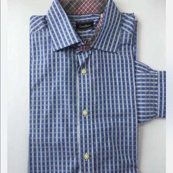 Nieman Marcus Men Long Sleeve Dress Shirt Blue White Check Medium Cotton - Picture 6 of 10
